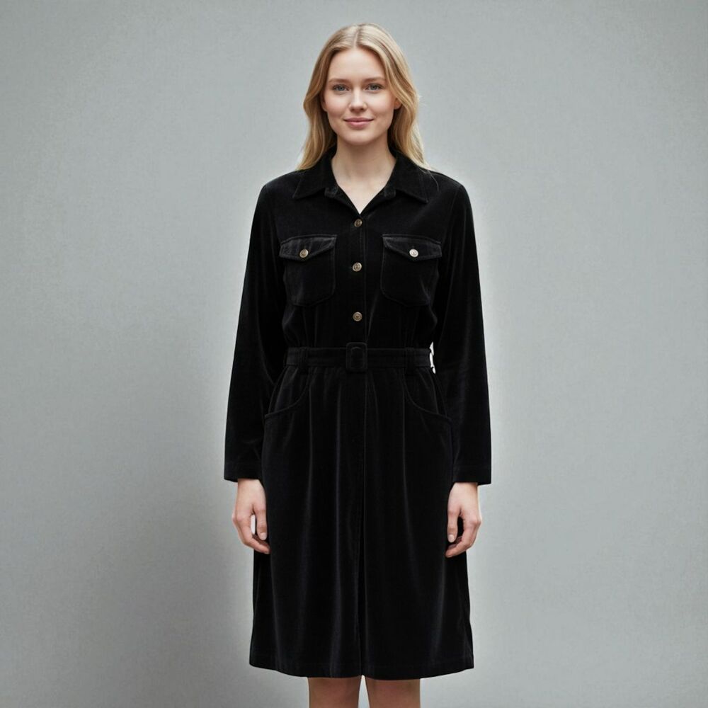 Boston Proper Black Velvet Gold Button Midi Dress M